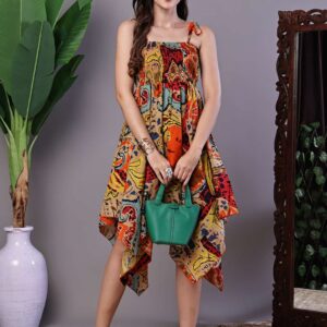 Women's Multicolor Abstract Printed Cotton Handkerchief Hem Dress Midi Dresses