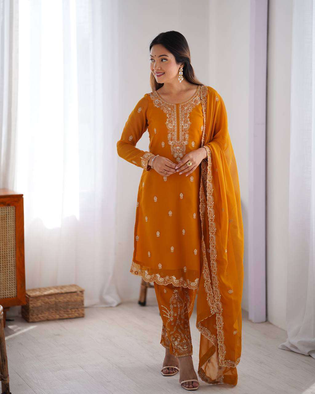 Women's Georgette Embroidery Straight Kurti with Pant And Dupatta Set - Image 9